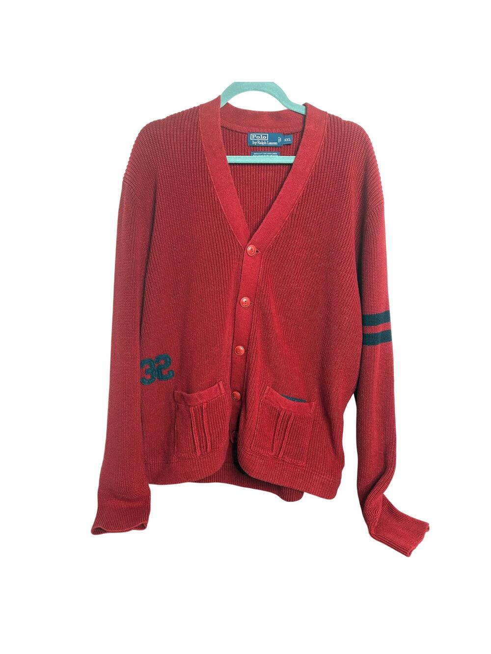 Polo Ralph Lauren Vintage Red Knit Varsity Cardigan Sweater XXL College Preppy